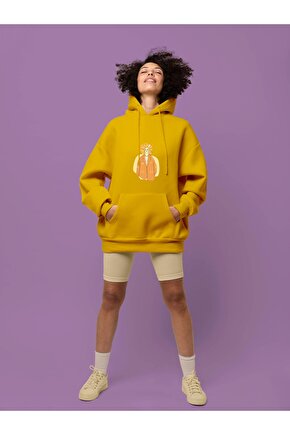 Cool Sade Baskılı Tasarım 3 Iplik Kalın Sarı Hoodie Sweatshirt