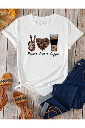 Kadın Oversize Peace-love-coffee Baskılı Beyaz Tshirt