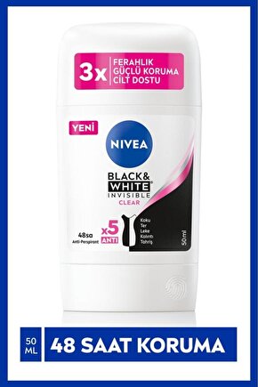 Kadın Stick Deodorant Black&White Invisible Clear 50ml, Ter Kokusuna Karşı 48 Saat Koruma