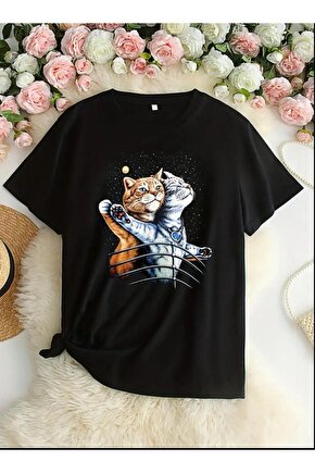 Unisex Siyah Titanic Cats Baskılı Bisiklet Yaka Oversize Tişört