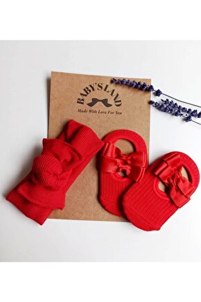 Kız Bebek Ribana Bandana Ve Kırmızı Babet Çorap