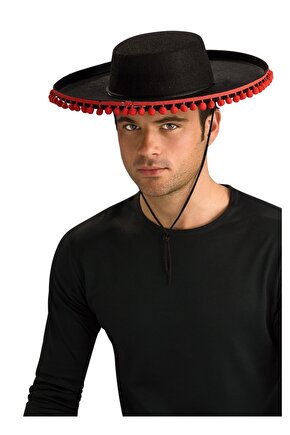 Kırmızı Ponponlu Siyah Renk Yetişkin Ispanyol Şapkası
