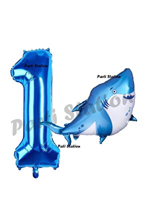 Köpek Balığı Balon 1 Yaş Doğum Günü Balon Set Köpek Balığı Konsept Balon ve Lacivert Rakam Balon