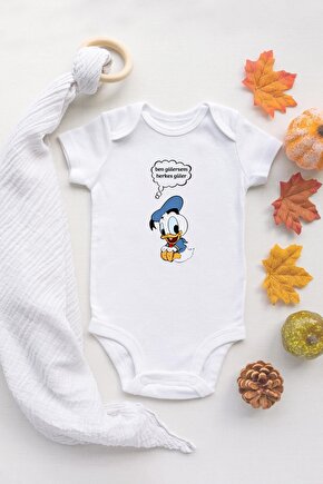 Özel Tasarım Sevimli Daffy Duck Ben Gülersem Herkes Güler Bebek Body Beyaz Body Badi Zıbın