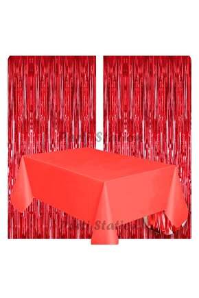 2 Adet Kırmızı Renk Metalize Arka Fon Perdesi ve 1 Adet Plastik Kırmızı Renk Masa Örtüsü Set