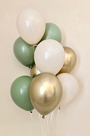 Krom Gold Küf Yeşili Ve Pastel Beyaz Renk Balon ( 3 er Adet )