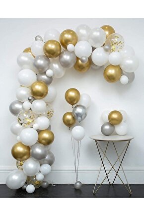 30 Adet Metalik Sedefli Gold-gümüş Gri-beyaz Balon, Helyumla Uçan