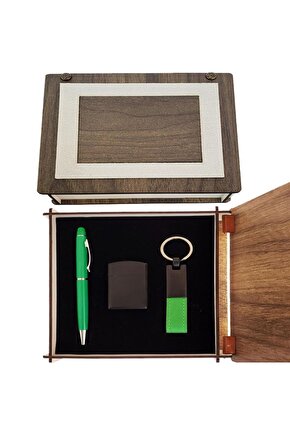 Özel Ahşap Kutulu Yeşil Anahtarlık Kalem Ve Çakmak Set