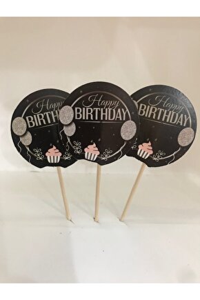 Happy Bırthday Siyah Üzeri Gümüş Kürdan 20 Li Paket Doğum Günü Kürdanı