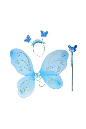 Mavi Renk Kelebek Kanat Set 50 cm Kanat Asa Taç 3lü Set