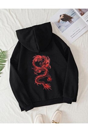 Kapşonlu Oversize Kırmızı Dragon Baskılı Siyah Sweatshirt