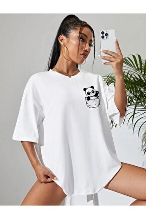 Kadın Oversize Minik Panda Baskılı Beyaz Tshirt