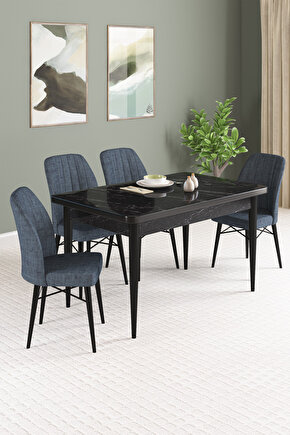 Vena Siyah Mermer Desen 70x110 Sabit Mutfak Masası 4 Adet Sandalye