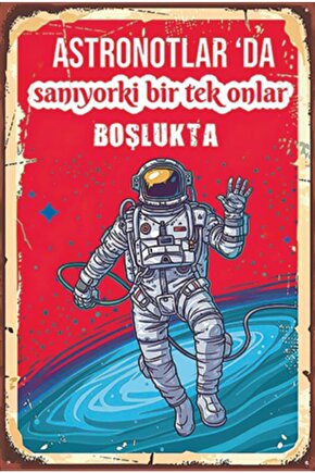 Astronot Uzayda Retro Ahşap Poster