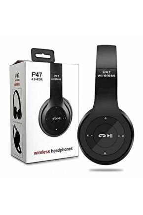 P47 Kablosuz Bluetooth Kulaklık Yükses Ses Ve Bass Fm Radyo Siyah Renk