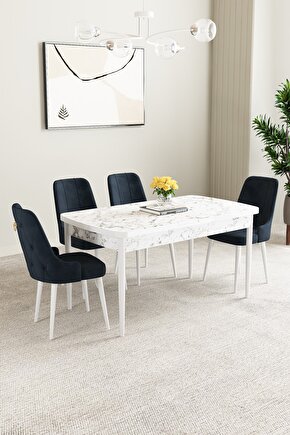Mabel Beyaz Mermer Desen 80x132 Açılabilir Mutfak Masası Takımı 4 Adet Sandalye