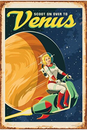 Eğlenceli Uzay Ve Gezegenler Venüs Retro Ahşap Poster