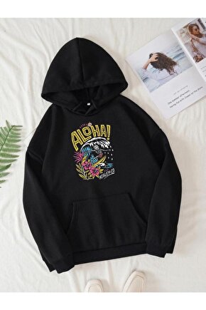 Kapşonlu Oversize Aloha Baskılı Siyah Unisex Sweatshirt