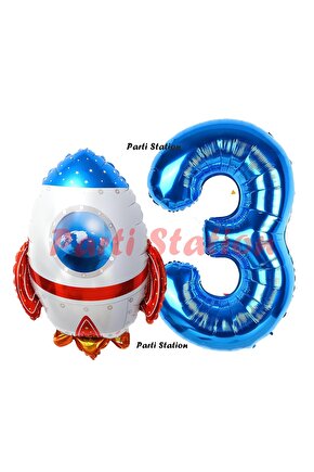 Uzay Konsept Roket Balon 3 Yaş Doğum Günü Set Uzay Konsept Balon ve Lacivert Rakam Balon