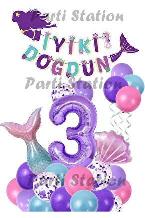 Mor Rakam Balon Deniz Kızı Konsept Parti 3 Yaş Balon Set Mermaid Doğum Günü Balon Set Deniz Kızı