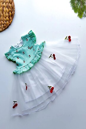 Yazlık Elbise Kısa Kollu Tüllü Tütü Astarlı Kız Çocuk Elbise Bebek Giyim Kız Bebek Elbise