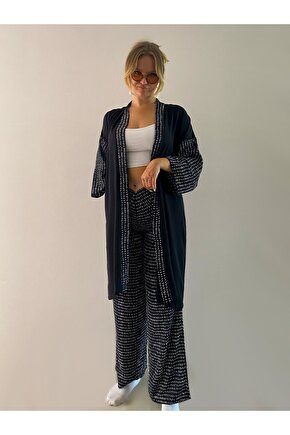 Lüx Polyester Kumaş Siyah Beyaz Tasarım Tiril Kimono (takım Olarak Kullanılabilir)