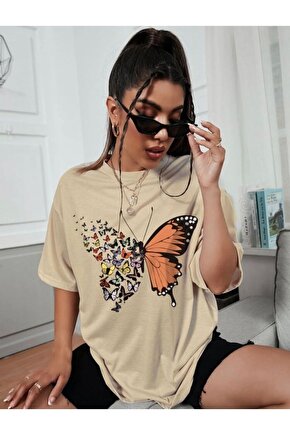 Kadın Oversize Butterfly Baskılı Bej Tshirt