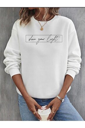 Oversize Shin Your Light Yazılı Beyaz Bisiklet Yaka Sweatshirt