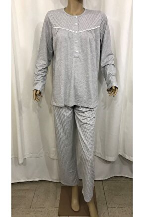 Kadın Uzun Kollu Patlı Pijama Takım-14206-gri
