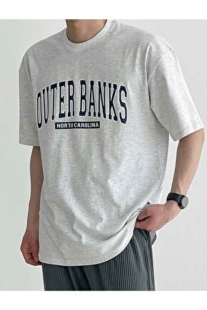 Oversize Gri Outer Banks Baskılı Bisiklet Yaka Tshirt