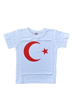 Beyaz Üzeri Kırmızı Ay Yıldız Baskılı Yarım Kol Kız Ve Erkek Çocuk T-shirt