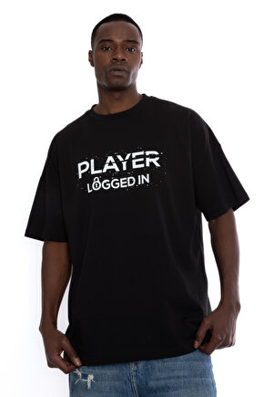 %100 Pamuk Siyah Unisex Oversize Kısa Kollu T-Shirt | Player Logged In