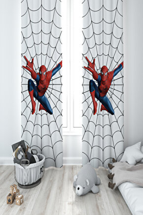 BEBEK VE ÇOCUK ODASI Ağ ve Spiderman Desenli 2 Kanat Fon Perde