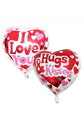 Çift Yönlü Kalp Folyo Balon I LOVE YOU & HUGS-KİSSES  18 İNÇ 45 CM 1 ADET