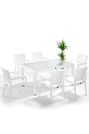 Liverno V2 6 Kişilik 90x150cm Camlı Rattan Bahçe Balkon Masa Takımı Yeni Üretim Bahçe Mobilyası