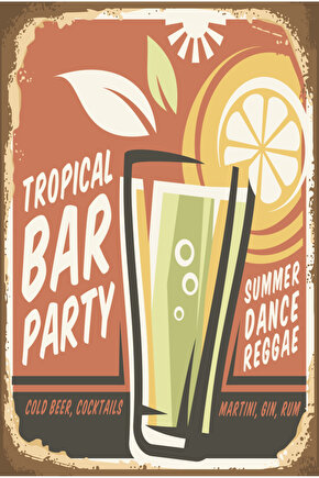 tropikal bar partisi kokteyl yaz tatili sahil plaj deniz retro ahşap poster