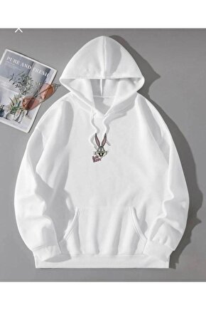 Kapşonlu Oversize Buggs Bunny Baskılı Beyaz Sweatshirt