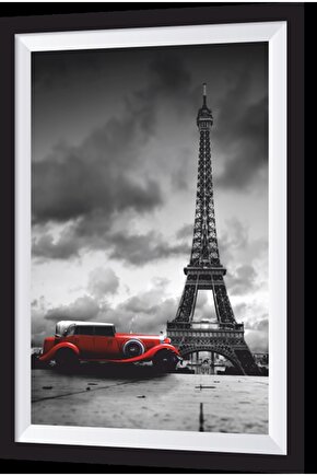 Paris Eyfel Kulesi Klasik Araba Sanatsal Çerçeve Görünümlü Ahşap Tablo