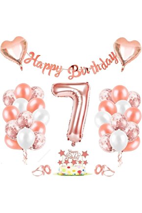 Rose Gold 7 Yaş Folyo Balon Seti Ve Happy Birthday Banner Rosegold Doğum Günü Parti Seti