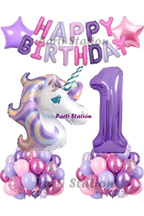 Mor Rakam Balonlu Unicorn Konsept 1 Yaş Doğum Günü Balon Set Happy Birthday Mor Unicorn Tema Set