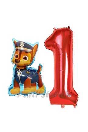 Paw Patrol Balon Paw Patrol Polis Köpek Chase 1 Yaş Balon ve Kırmızı Rakam Balon Doğum Günü Set