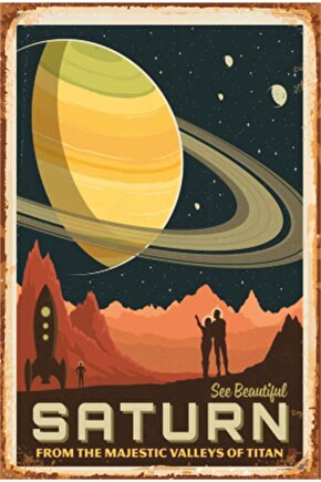 Eğlenceli Uzay Ve Gezegenler Satürn Retro Ahşap Poster
