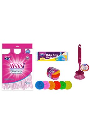 Set Fışfış Bulaşık Fırçası Trend Paspas 2li Çizmez Ovma Teli 3lü Çöp Torbası Orta Boy 15li