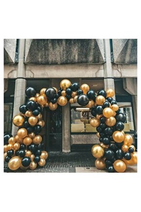 50 Adet 12 Inç Parti Balonu Metalik Gold - Pastel Siyah + 5 Mt Balon Zinciri