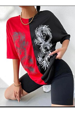 Unisex Oversize Kırmızı Siyah Dragon Tshirt