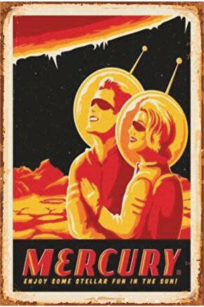 Eğlenceli Uzay Ve Gezegenler Merkür Retro Ahşap Poster