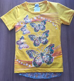 Sarı Önü Kelebekli Arkası Uzun Tüllü Fiyonklu T-Shirt