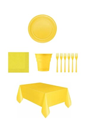 Sarı Renk Plastik Tabak, Bardak, Çatal, Peçete Ve Tek Kullanımlık Masa Örtüsü Seti
