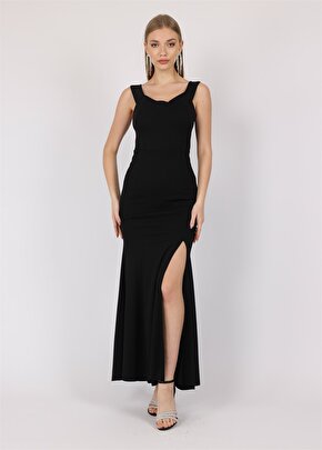 Kadın Kalın Askılı Yaka Detaylı Yırtmaçlı Abiye Mezuniyet Elbisesi - Siyah