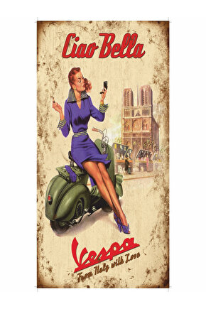 italya roma ciao bella vespa motor pin up kızı mini retro ahşap poster